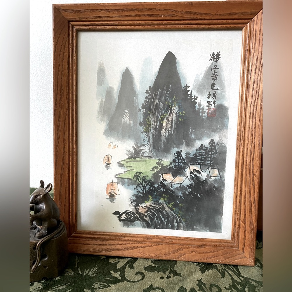 Art. Boats in Mountain Village, Signed in language of artist